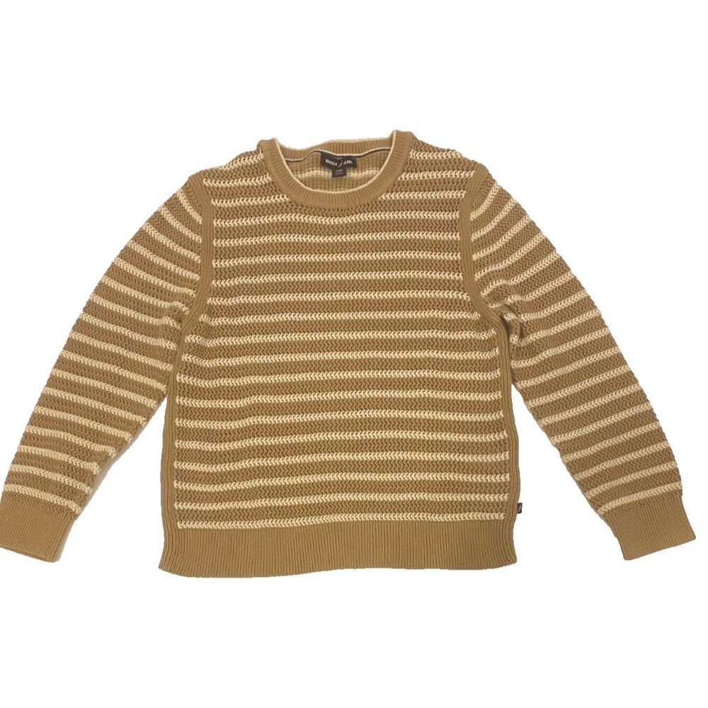 Nautica Sweater~Womens L Large~Brown/White Striped Knit Pointelle~Preppy